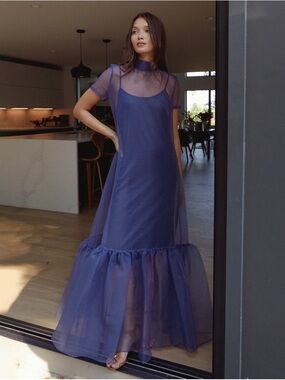 Sheer Overlay Maxi Dress in Deep Blue